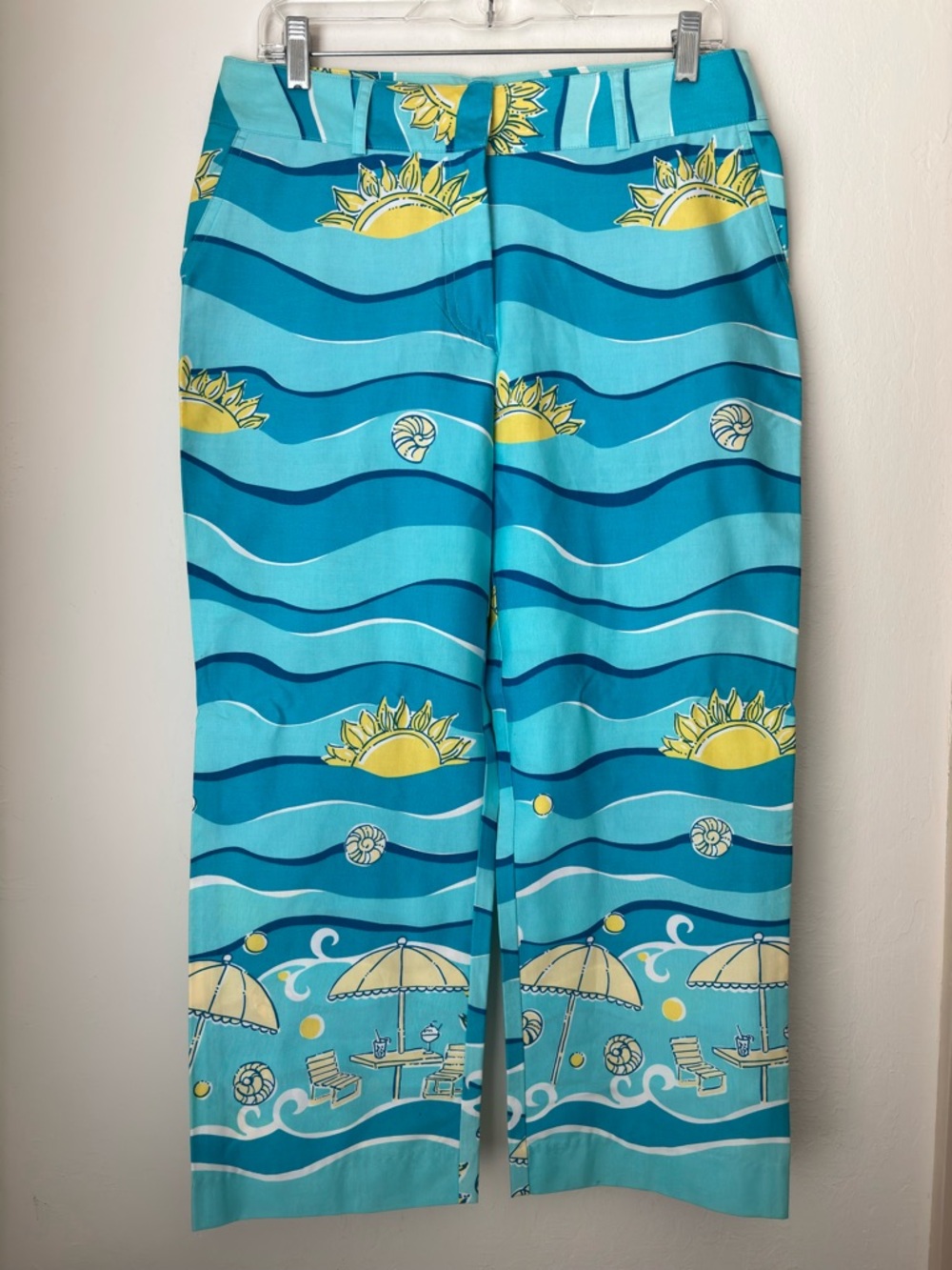 Lilly Pulitzer Sun Beach Waves Pants Size 8 Blue  Coastal Vacation Resortwear